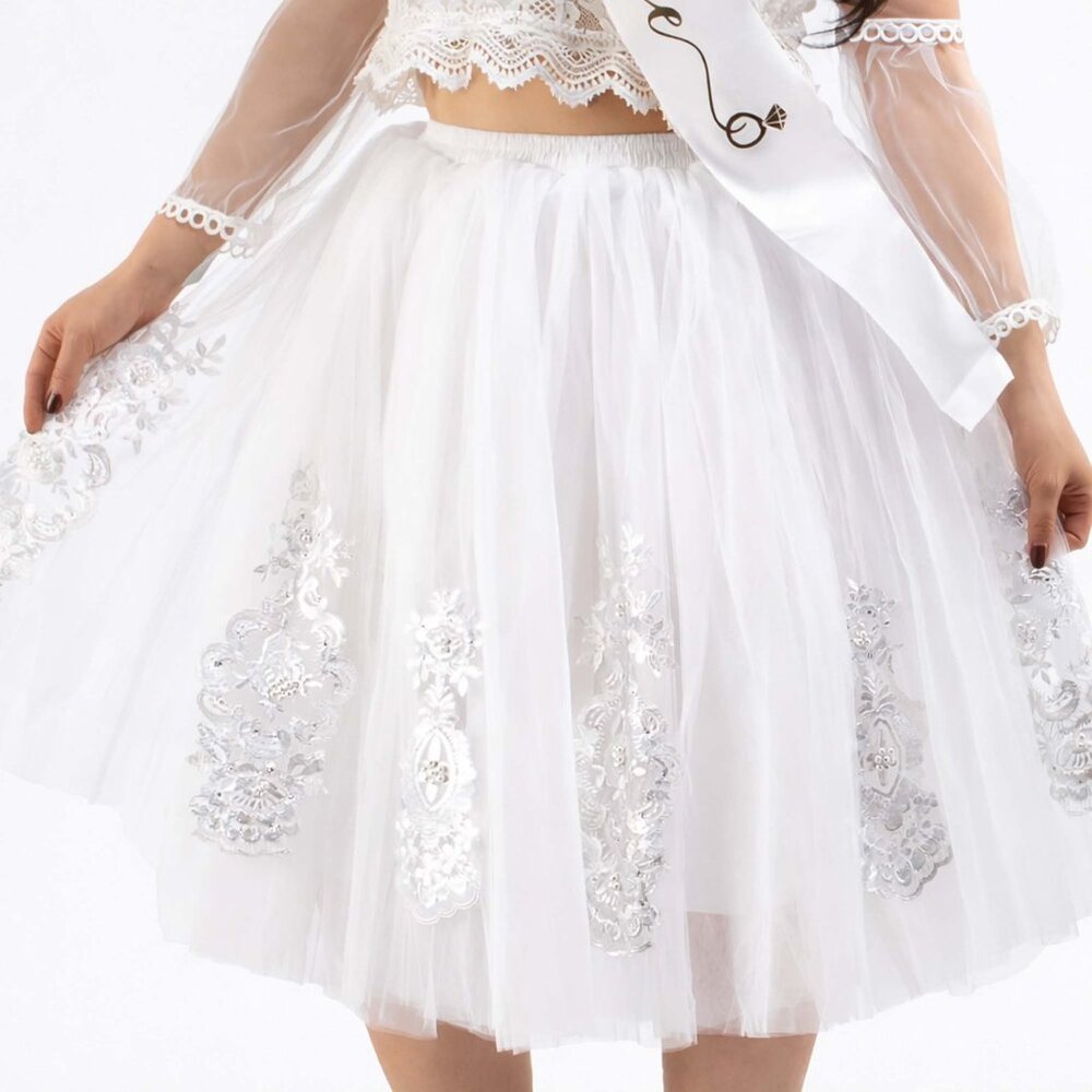 White Bridal Tulle Tutu Skirt Knee Length Lace Appliqués Pearls Beads OS